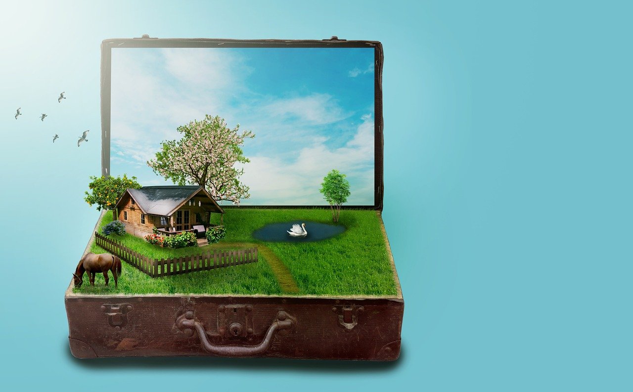 fantasy, suitcase, flower background, house, meadow, trees, lake, beautiful flowers, swan, horse, fence, heaven, miniature, flower, surreal, imagination, landscape, home, plot, idyllic, sunny, clouds, to travel, dreams, holiday plans, seagulls, flower wallpaper, image montage, nature, plot, plot, plot, plot, plot